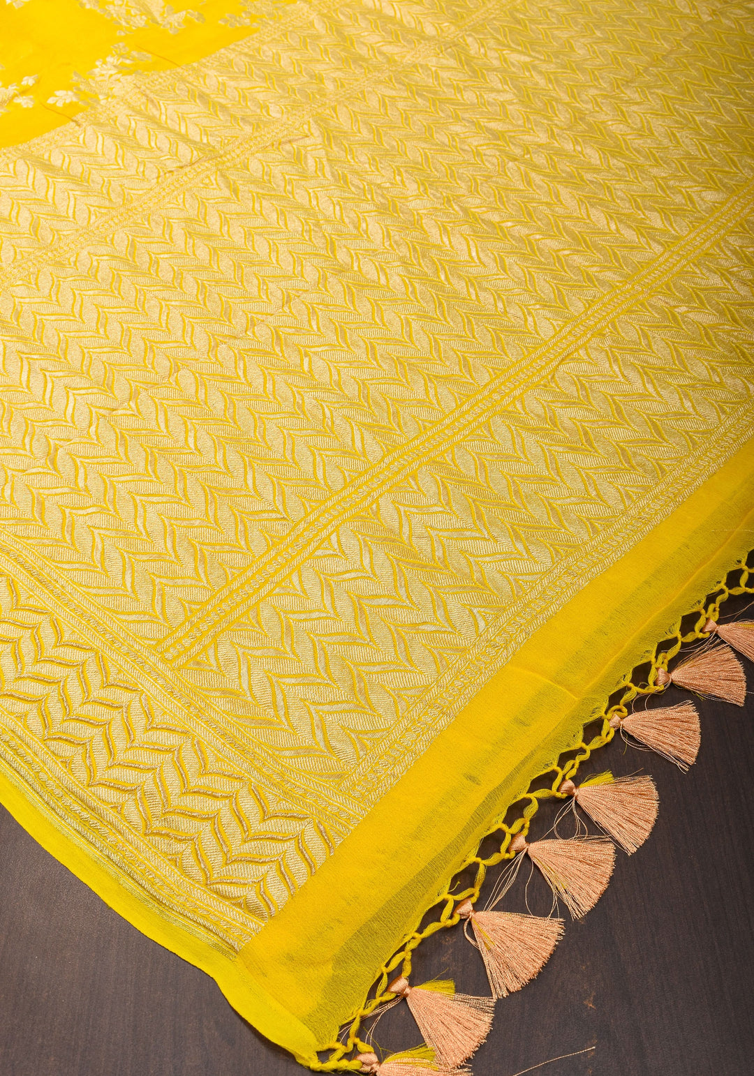 Pure Georgette Silk Banarasi Saree  in Yellow with Rose Jaal Weave in Silver Tone Zari | SILK MARK CERTIFIED | SHOBITAM