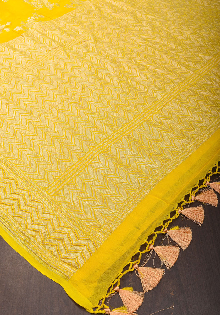 Pure Georgette Silk Banarasi Saree  in Yellow with Rose Jaal Weave in Silver Tone Zari | SILK MARK CERTIFIED | SHOBITAM