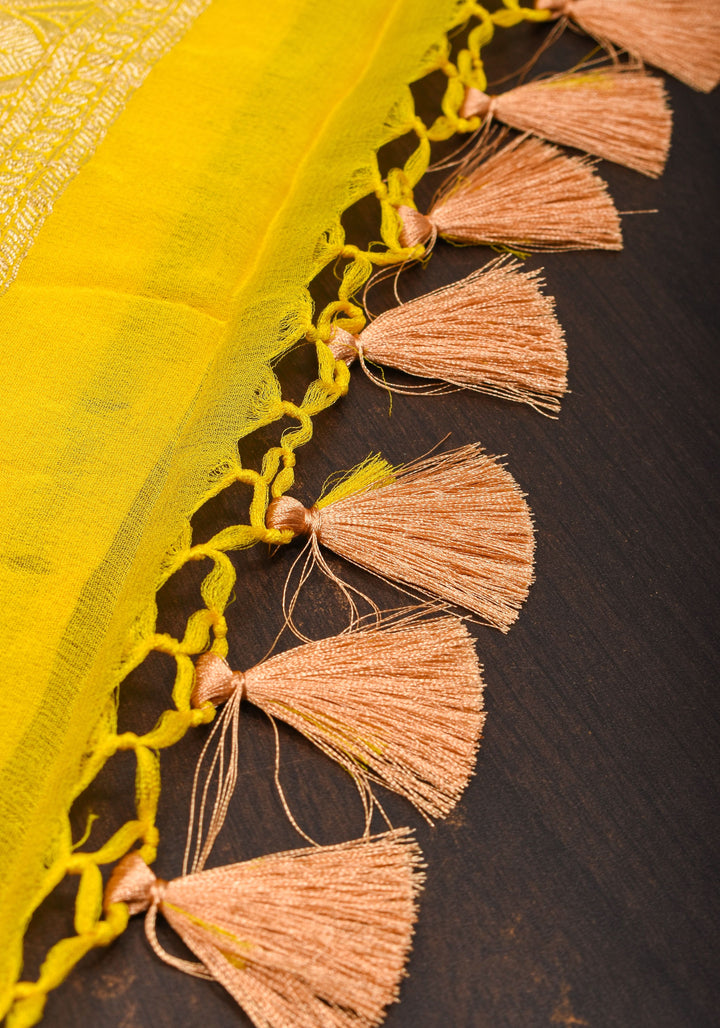 Pure Georgette Silk Banarasi Saree  in Yellow with Rose Jaal Weave in Silver Tone Zari | SILK MARK CERTIFIED | SHOBITAM