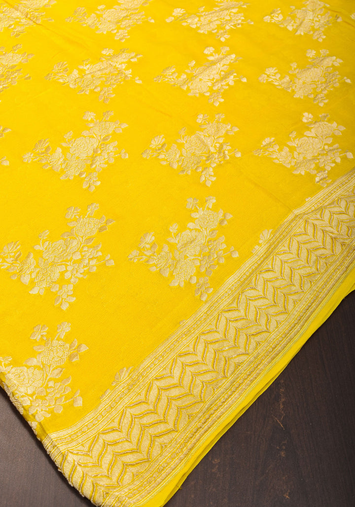 Pure Georgette Silk Banarasi Saree  in Yellow with Rose Jaal Weave in Silver Tone Zari | SILK MARK CERTIFIED | SHOBITAM