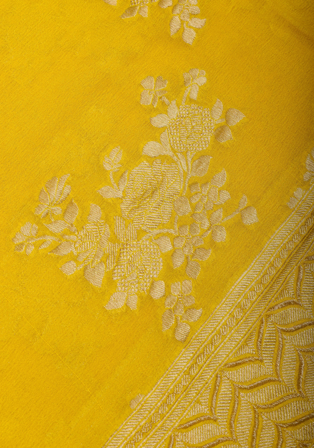 Pure Georgette Silk Banarasi Saree  in Yellow with Rose Jaal Weave in Silver Tone Zari | SILK MARK CERTIFIED | SHOBITAM