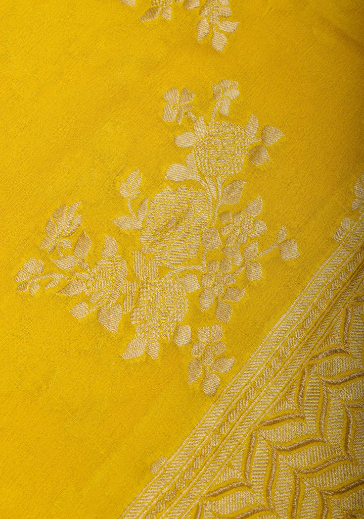 Pure Georgette Silk Banarasi Saree  in Yellow with Rose Jaal Weave in Silver Tone Zari | SILK MARK CERTIFIED | SHOBITAM