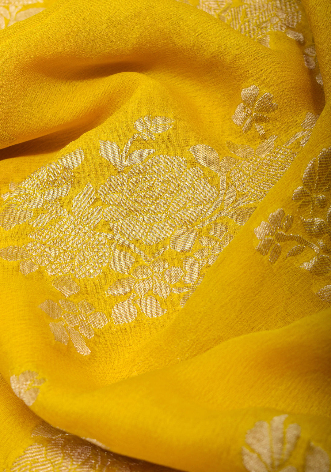 Pure Georgette Silk Banarasi Saree  in Yellow with Rose Jaal Weave in Silver Tone Zari | SILK MARK CERTIFIED | SHOBITAM