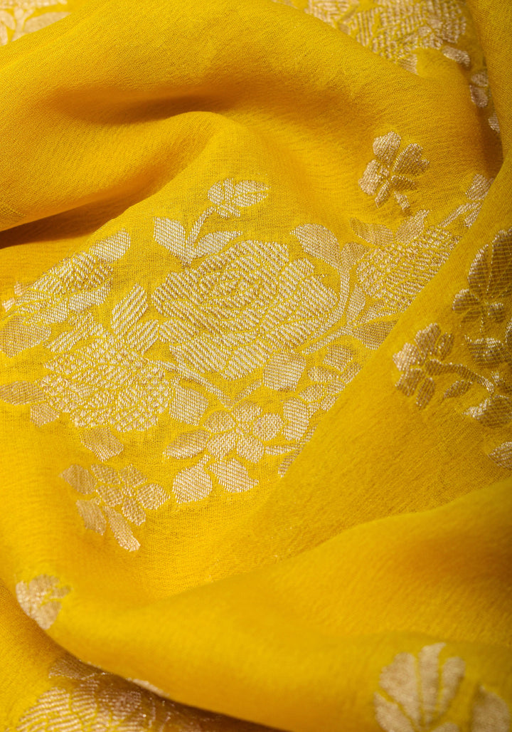 Pure Georgette Silk Banarasi Saree  in Yellow with Rose Jaal Weave in Silver Tone Zari | SILK MARK CERTIFIED | SHOBITAM