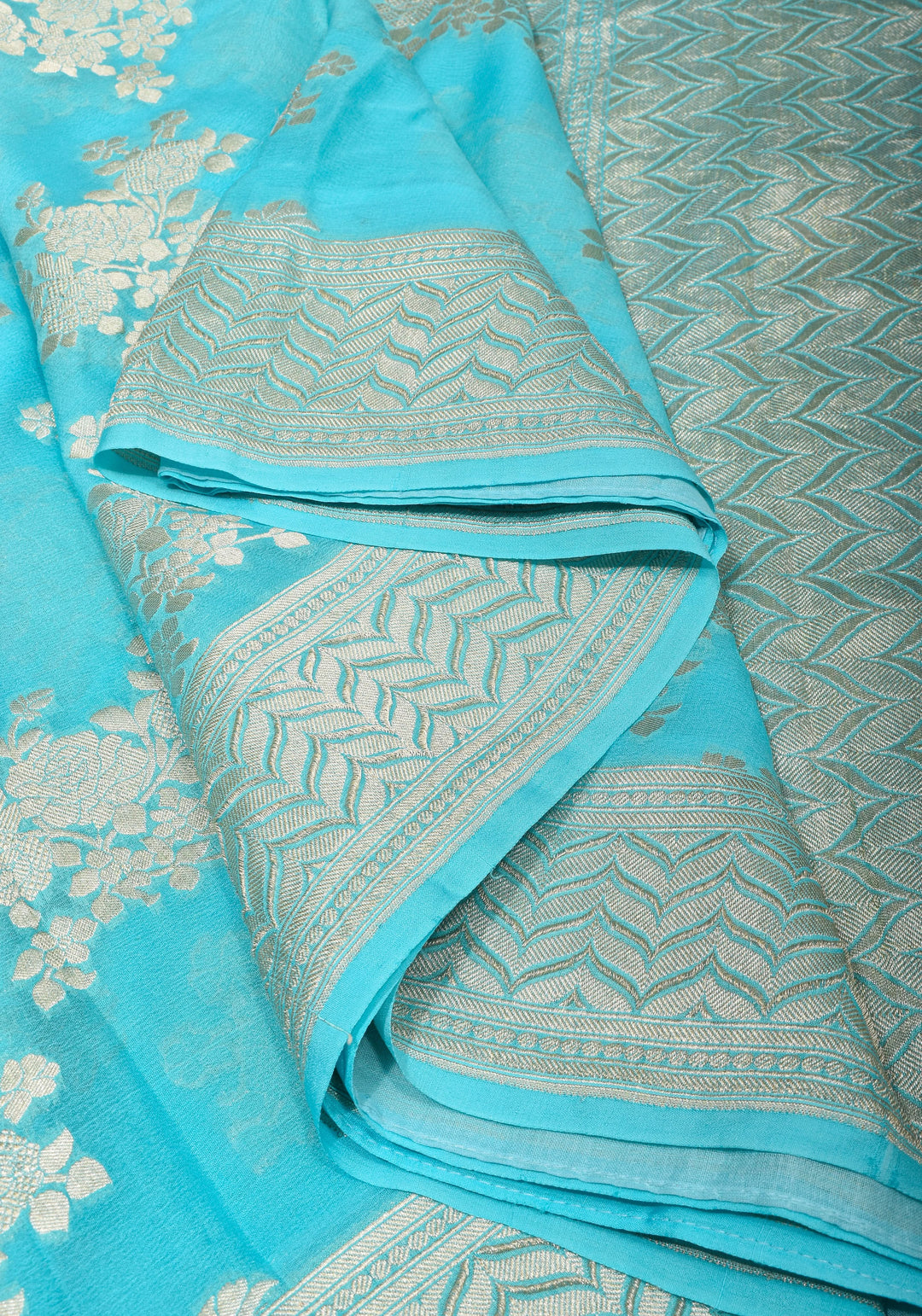 Pure Georgette Silk Banarasi Saree In Blue  with rose Jaal Weave in Silver Tone Zari | SILK MARK CERTIFIED