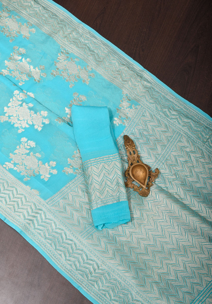 Pure Georgette Silk Banarasi Saree In Blue  with rose Jaal Weave in Silver Tone Zari | SILK MARK CERTIFIED
