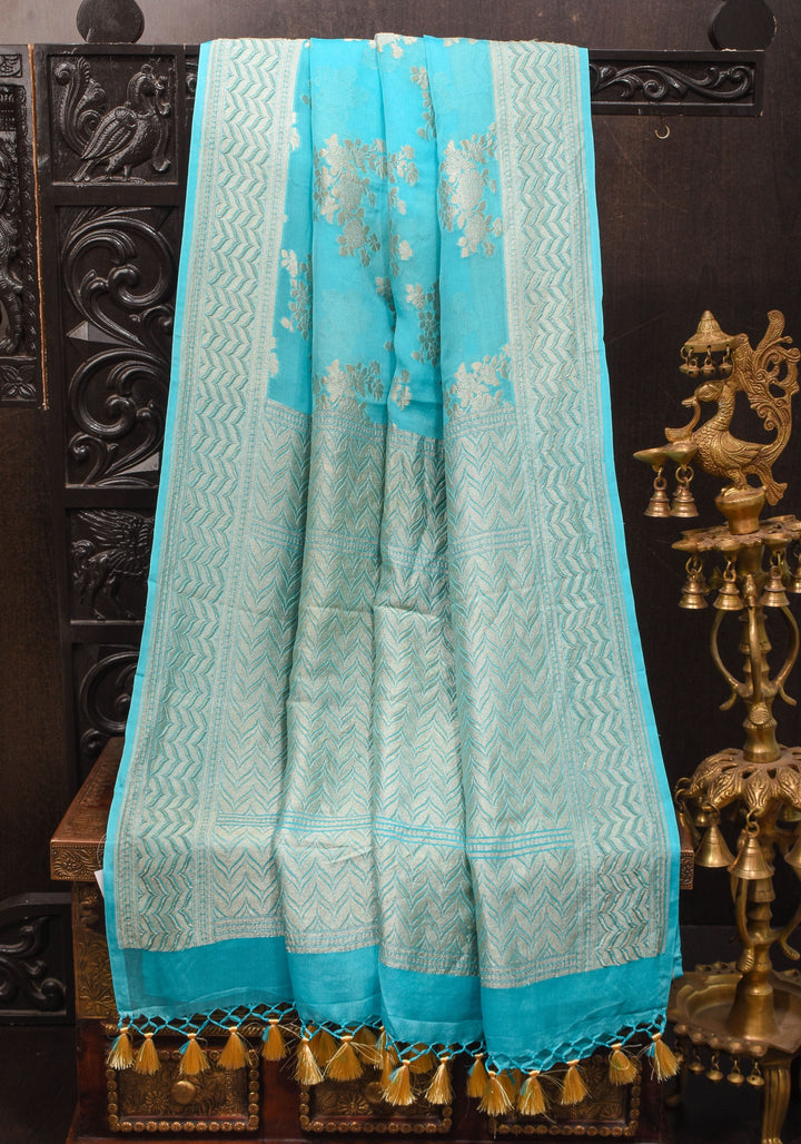 Pure Georgette Silk Banarasi Saree In Blue  with rose Jaal Weave in Silver Tone Zari | SILK MARK CERTIFIED