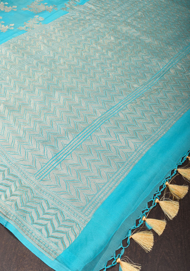 Pure Georgette Silk Banarasi Saree In Blue  with rose Jaal Weave in Silver Tone Zari | SILK MARK CERTIFIED