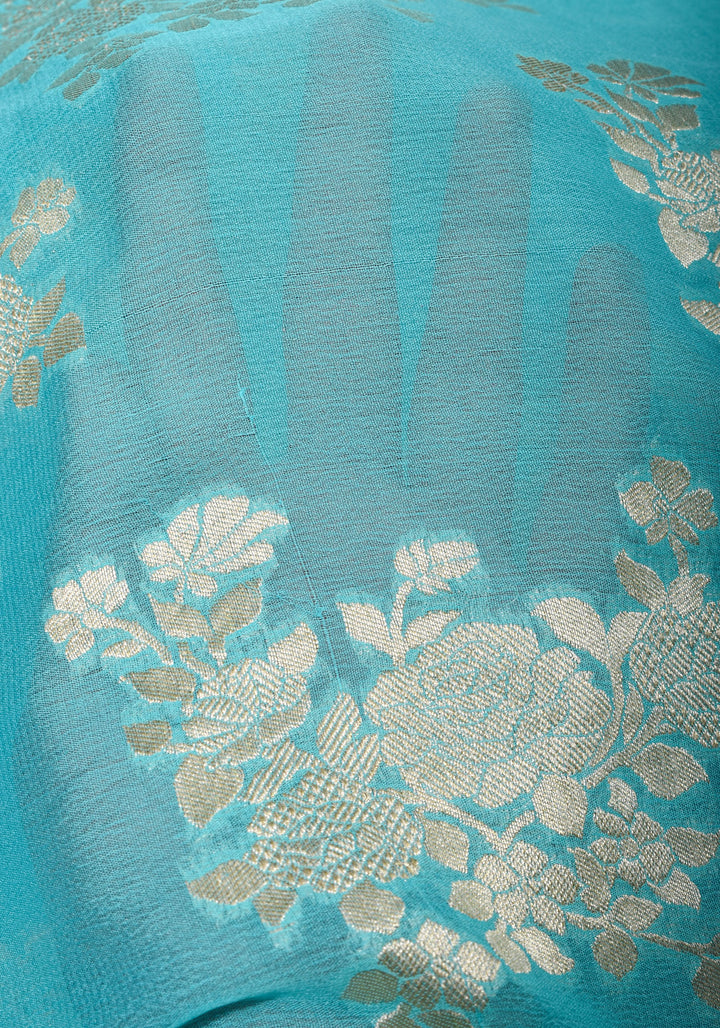 Pure Georgette Silk Banarasi Saree In Blue  with rose Jaal Weave in Silver Tone Zari | SILK MARK CERTIFIED