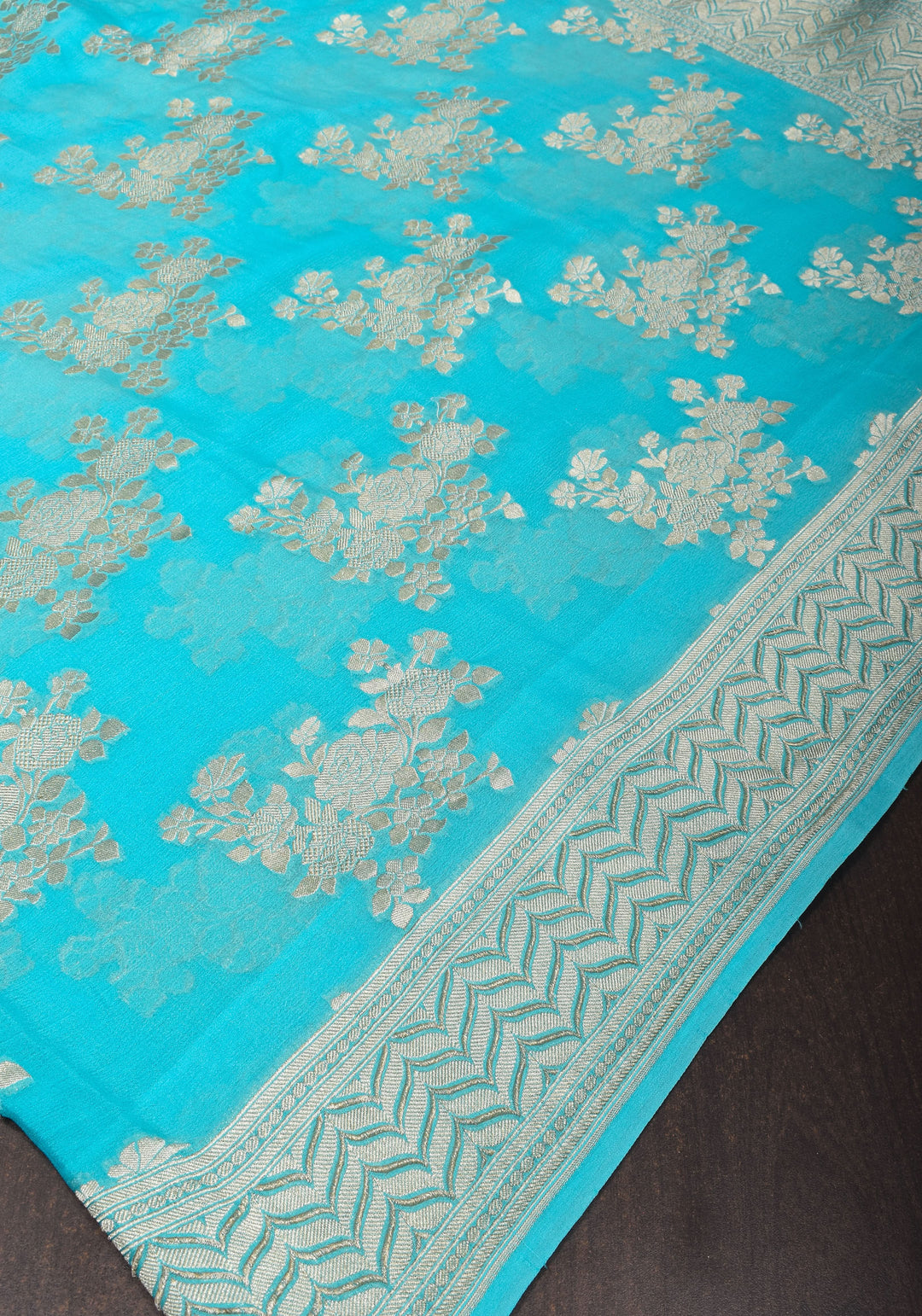 Pure Georgette Silk Banarasi Saree In Blue  with rose Jaal Weave in Silver Tone Zari | SILK MARK CERTIFIED