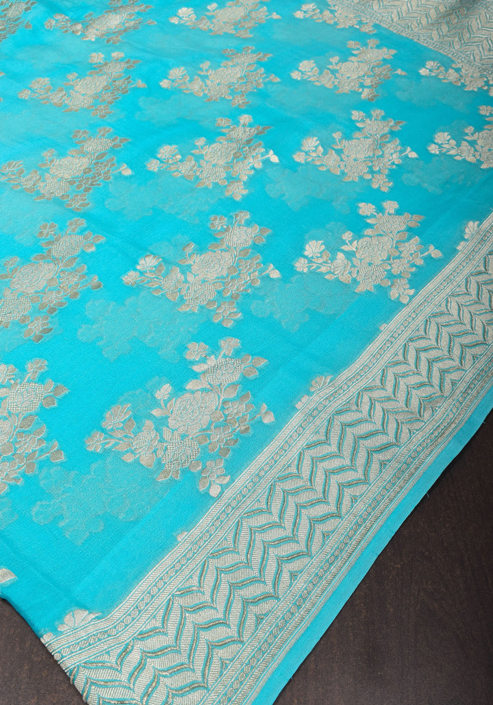 Pure Georgette Silk Banarasi Saree In Blue  with rose Jaal Weave in Silver Tone Zari | SILK MARK CERTIFIED