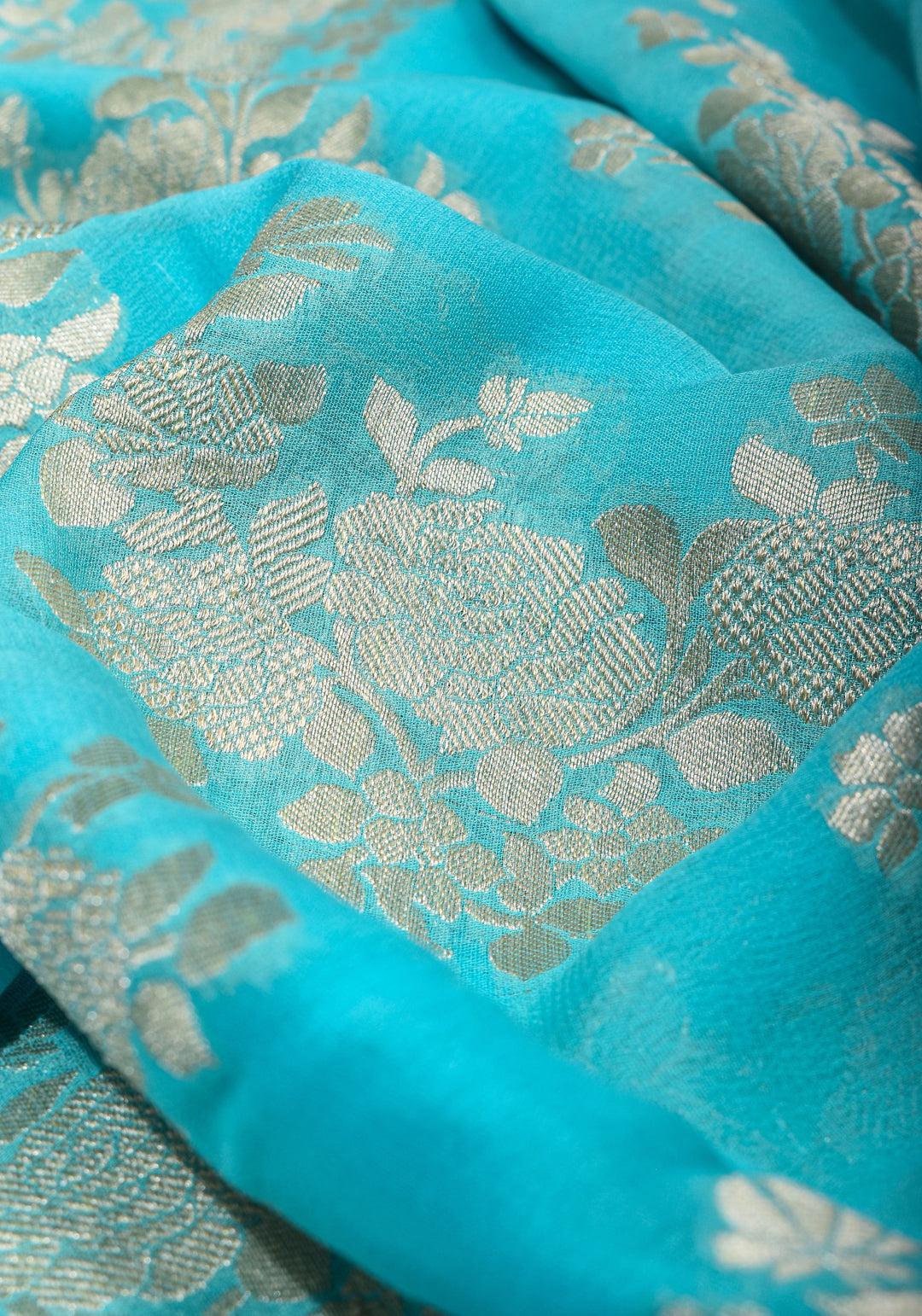 Pure Georgette Silk Banarasi Saree In Blue  with rose Jaal Weave in Silver Tone Zari | SILK MARK CERTIFIED