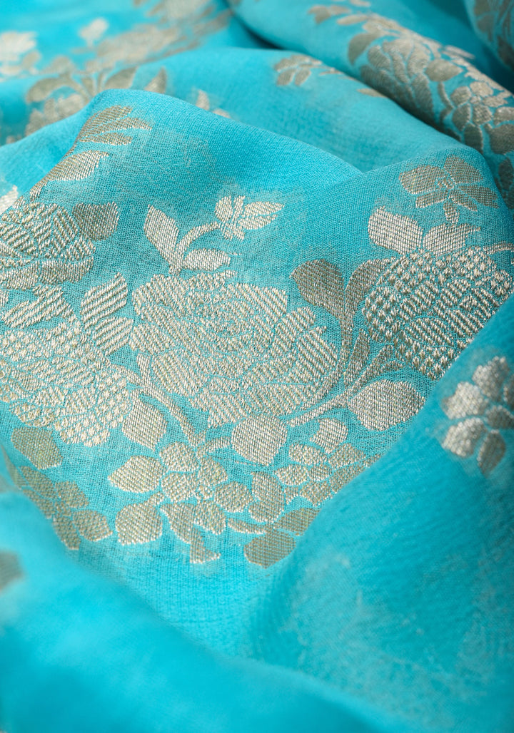 Pure Georgette Silk Banarasi Saree In Blue  with rose Jaal Weave in Silver Tone Zari | SILK MARK CERTIFIED