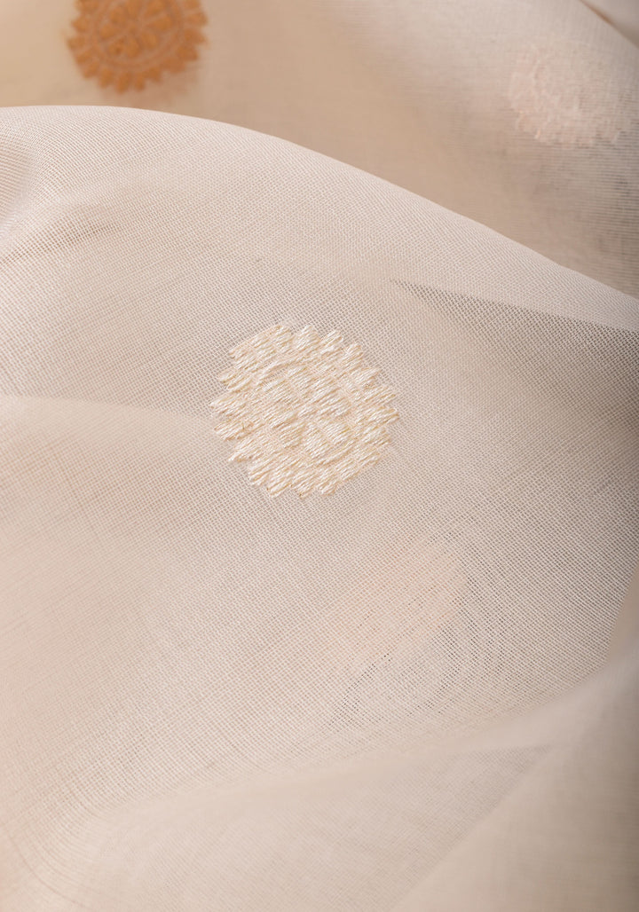 Exquisite Off White Banarasi Kora Silk Saree with Zari Motifs with kadhuwa weave, Grand Pallu and Zari | SILK MARK CERTIFIED | SHOBITAM