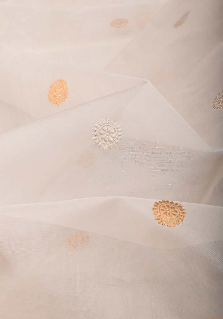 Exquisite Off White Banarasi Kora Silk Saree with Zari Motifs with kadhuwa weave, Grand Pallu and Zari | SILK MARK CERTIFIED | SHOBITAM