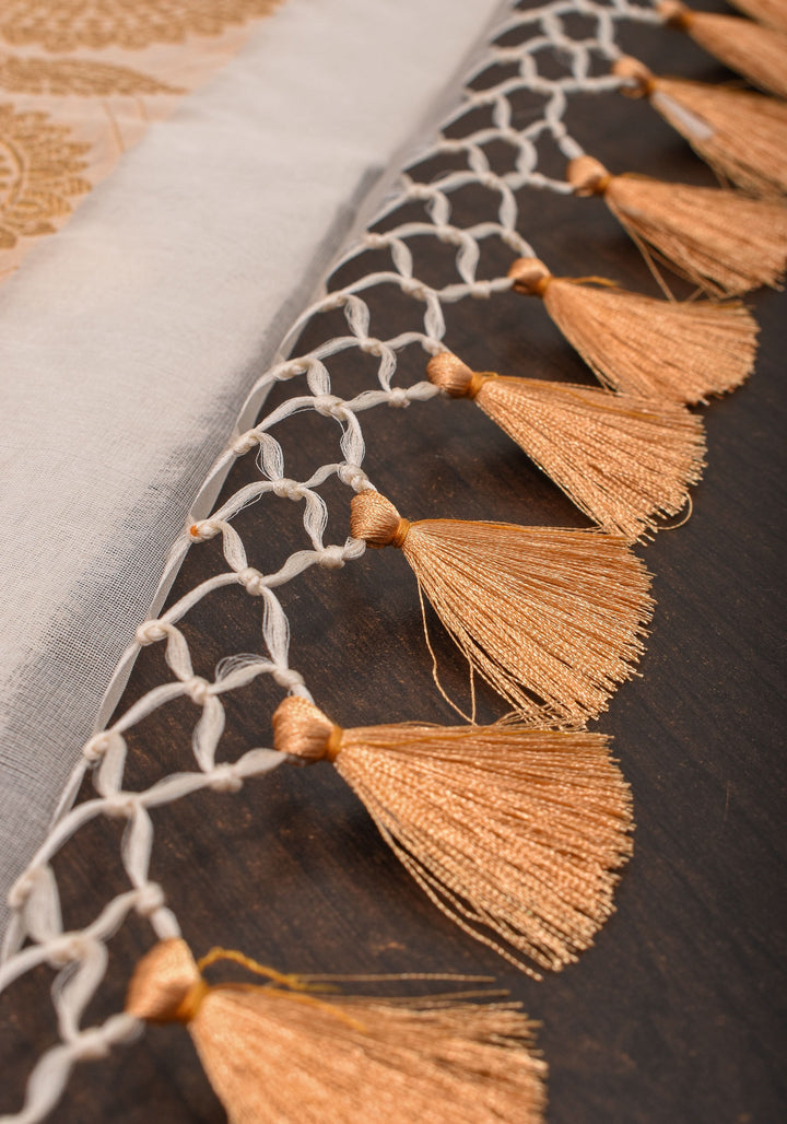 Exquisite Off White Banarasi Kora Silk Saree with Zari Motifs with kadhuwa weave, Grand Pallu and Zari | SILK MARK CERTIFIED | SHOBITAM