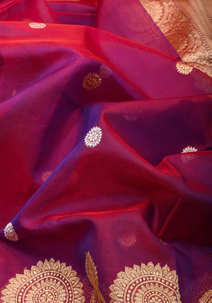 Red-Purple Dual Tone Exquisite Banarasi Kora Silk Saree with Zari Motifs with kadhuwa weave | SILK MARK CERTIFIED
