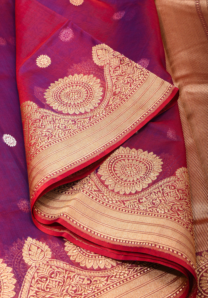 Red-Purple Dual Tone Exquisite Banarasi Kora Silk Saree with Zari Motifs with kadhuwa weave | SILK MARK CERTIFIED
