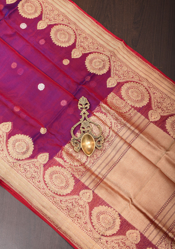 Red-Purple Dual Tone Exquisite Banarasi Kora Silk Saree with Zari Motifs with kadhuwa weave | SILK MARK CERTIFIED