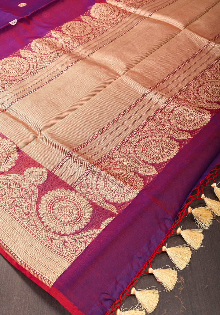 Red-Purple Dual Tone Exquisite Banarasi Kora Silk Saree with Zari Motifs with kadhuwa weave | SILK MARK CERTIFIED
