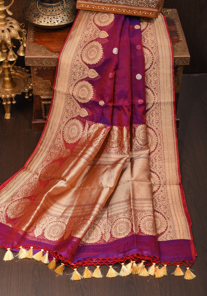 Red-Purple Dual Tone Exquisite Banarasi Kora Silk Saree with Zari Motifs with kadhuwa weave | SILK MARK CERTIFIED