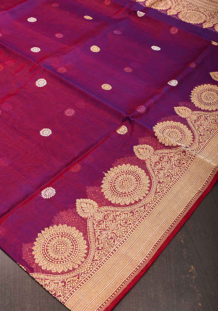 Red-Purple Dual Tone Exquisite Banarasi Kora Silk Saree with Zari Motifs with kadhuwa weave | SILK MARK CERTIFIED