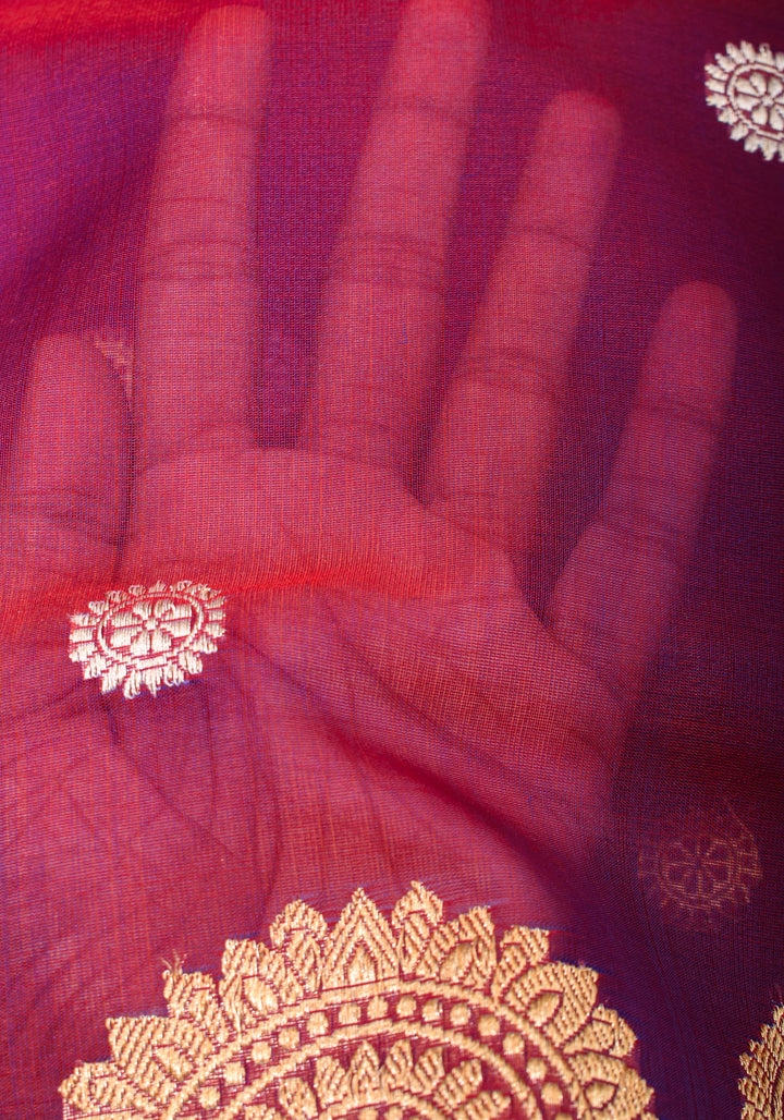 Red-Purple Dual Tone Exquisite Banarasi Kora Silk Saree with Zari Motifs with kadhuwa weave | SILK MARK CERTIFIED
