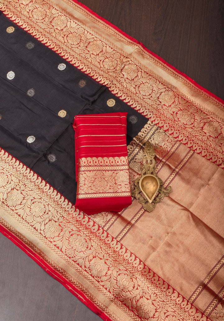 Black Exquisite Banarasi Kora Silk Saree with Zari Motifs with kadhuwa weave | SILK MARK CERTIFIED