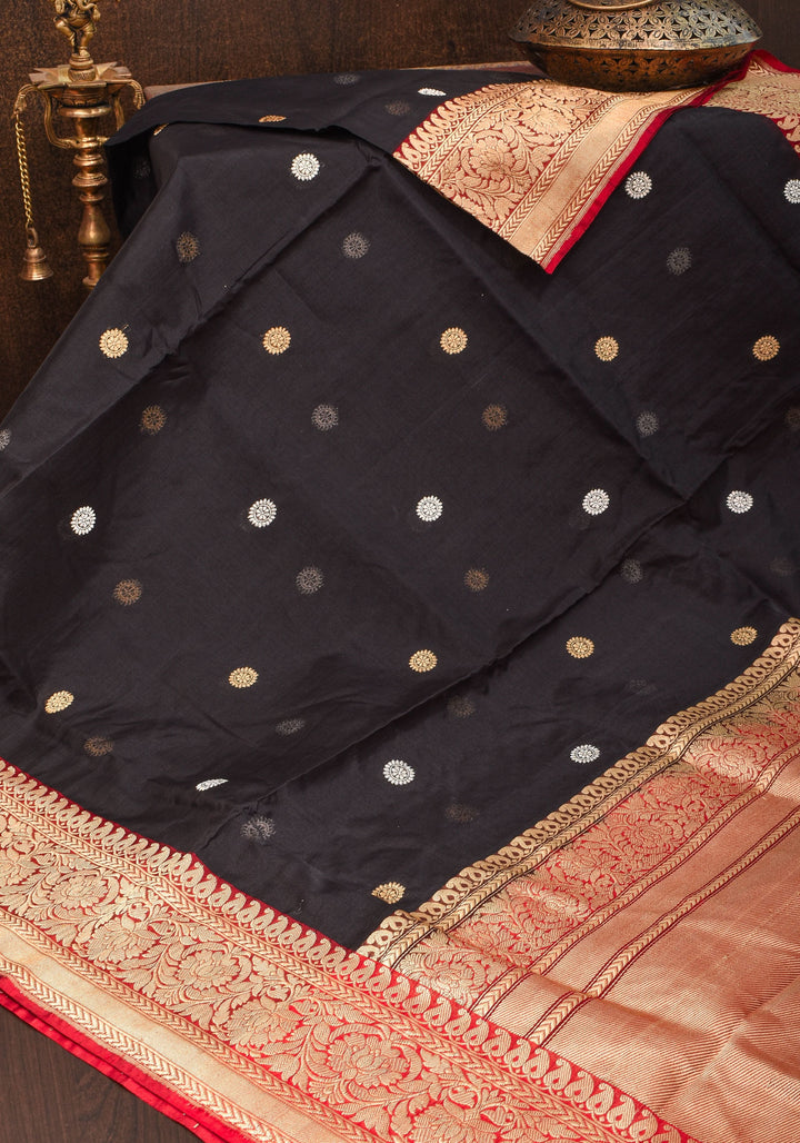 Black Exquisite Banarasi Kora Silk Saree with Zari Motifs with kadhuwa weave | SILK MARK CERTIFIED