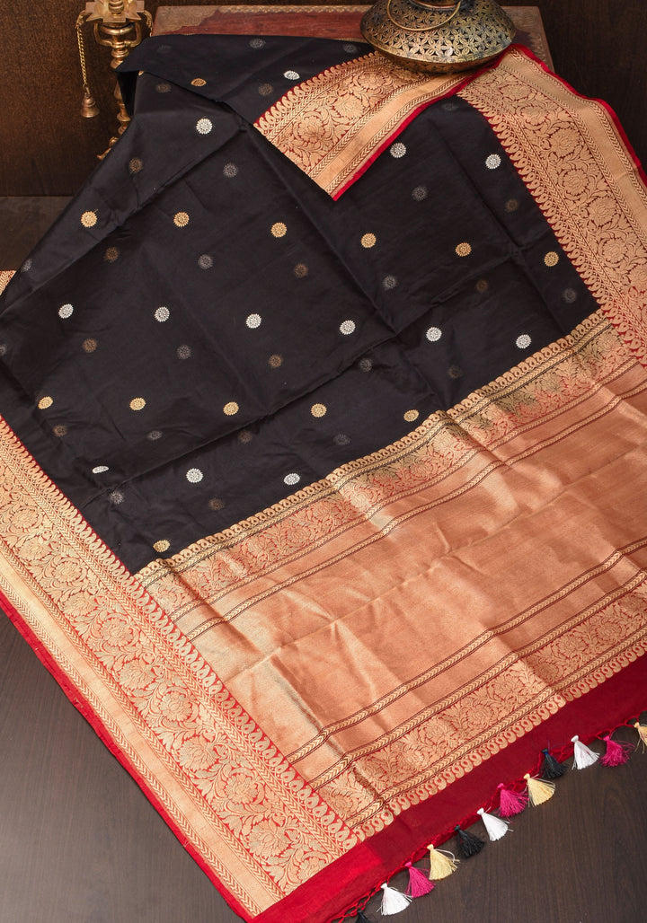 Black Exquisite Banarasi Kora Silk Saree with Zari Motifs with kadhuwa weave | SILK MARK CERTIFIED