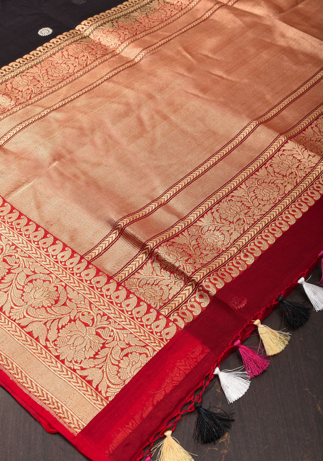 Black Exquisite Banarasi Kora Silk Saree with Zari Motifs with kadhuwa weave | SILK MARK CERTIFIED