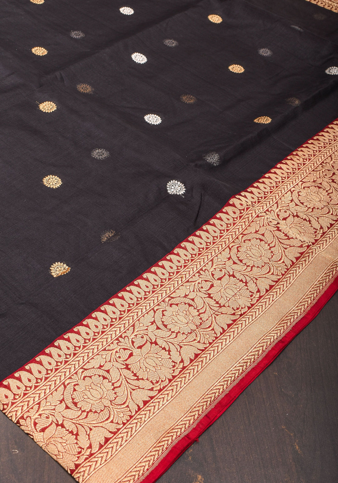 Black Exquisite Banarasi Kora Silk Saree with Zari Motifs with kadhuwa weave | SILK MARK CERTIFIED