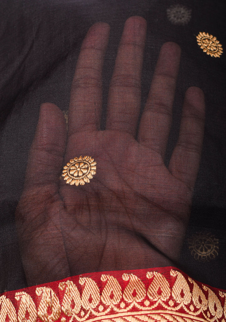 Black Exquisite Banarasi Kora Silk Saree with Zari Motifs with kadhuwa weave | SILK MARK CERTIFIED