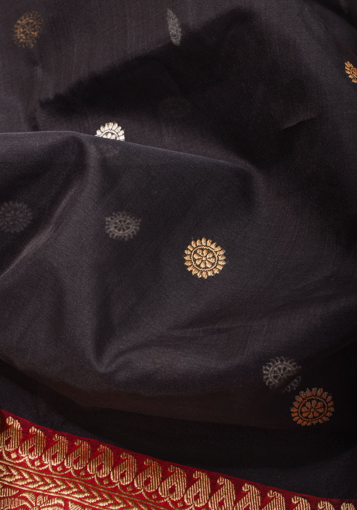 Black Exquisite Banarasi Kora Silk Saree with Zari Motifs with kadhuwa weave | SILK MARK CERTIFIED