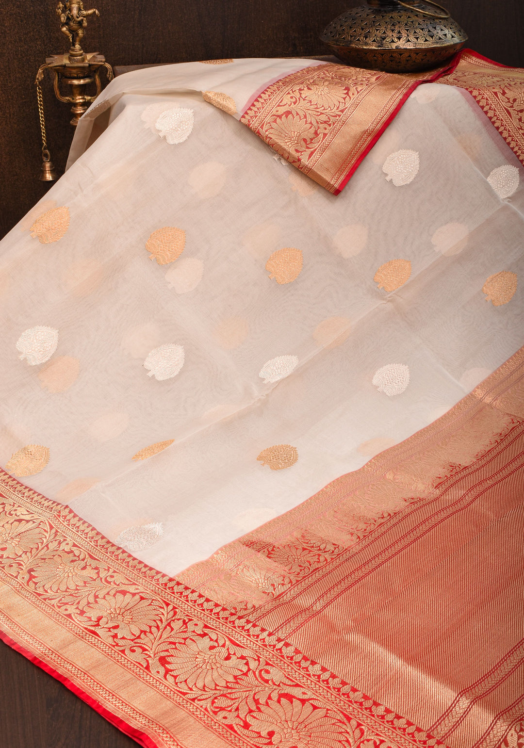 Ivory and Red Pure Organza Saree - Gorgeous Banarasi Kora Silk Saree with Sona Rupa Kadhuwa motifs | SILK MARK CERTIFIED