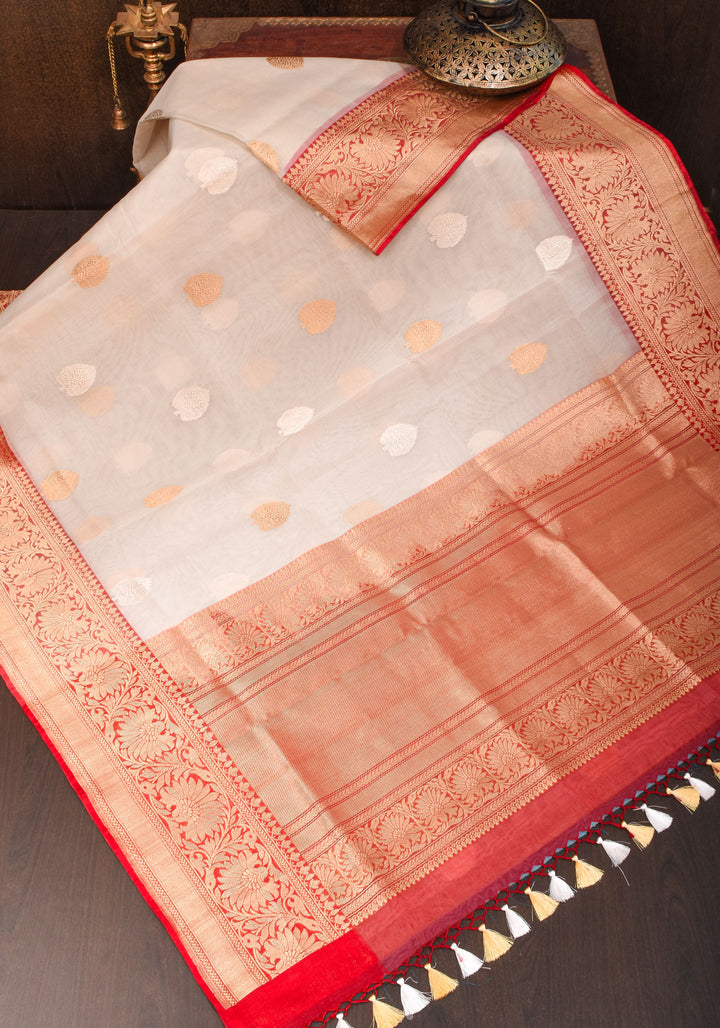 Ivory and Red Pure Organza Saree - Gorgeous Banarasi Kora Silk Saree with Sona Rupa Kadhuwa motifs | SILK MARK CERTIFIED