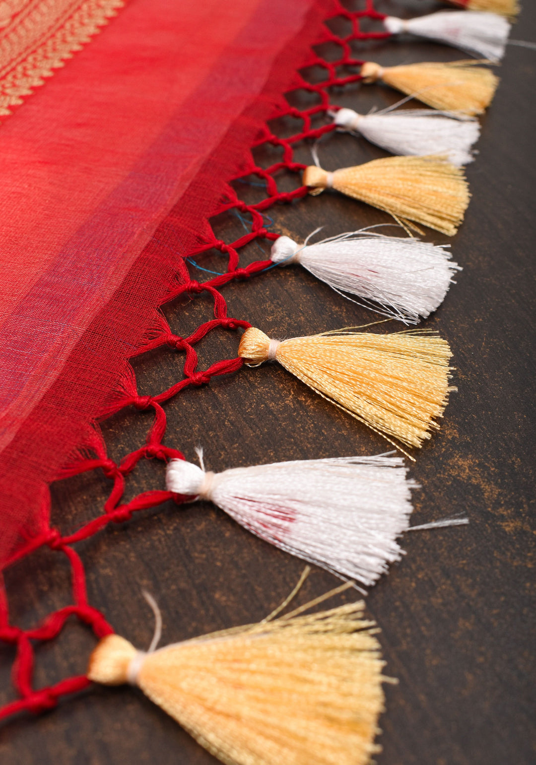 Ivory and Red Pure Organza Saree - Gorgeous Banarasi Kora Silk Saree with Sona Rupa Kadhuwa motifs | SILK MARK CERTIFIED