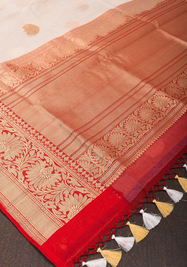 Ivory and Red Pure Organza Saree - Gorgeous Banarasi Kora Silk Saree with Sona Rupa Kadhuwa motifs | SILK MARK CERTIFIED
