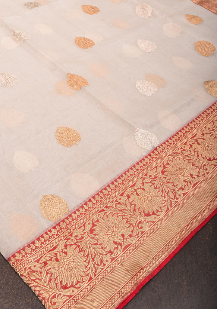 Ivory and Red Pure Organza Saree - Gorgeous Banarasi Kora Silk Saree with Sona Rupa Kadhuwa motifs | SILK MARK CERTIFIED