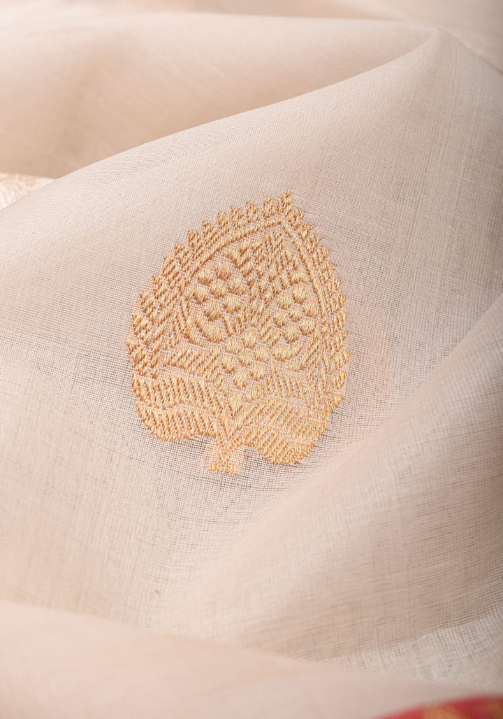 Ivory and Red Pure Organza Saree - Gorgeous Banarasi Kora Silk Saree with Sona Rupa Kadhuwa motifs | SILK MARK CERTIFIED