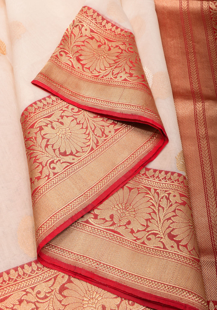 Ivory and Red Pure Organza Saree - Gorgeous Banarasi Kora Silk Saree with Sona Rupa Kadhuwa motifs | SILK MARK CERTIFIED