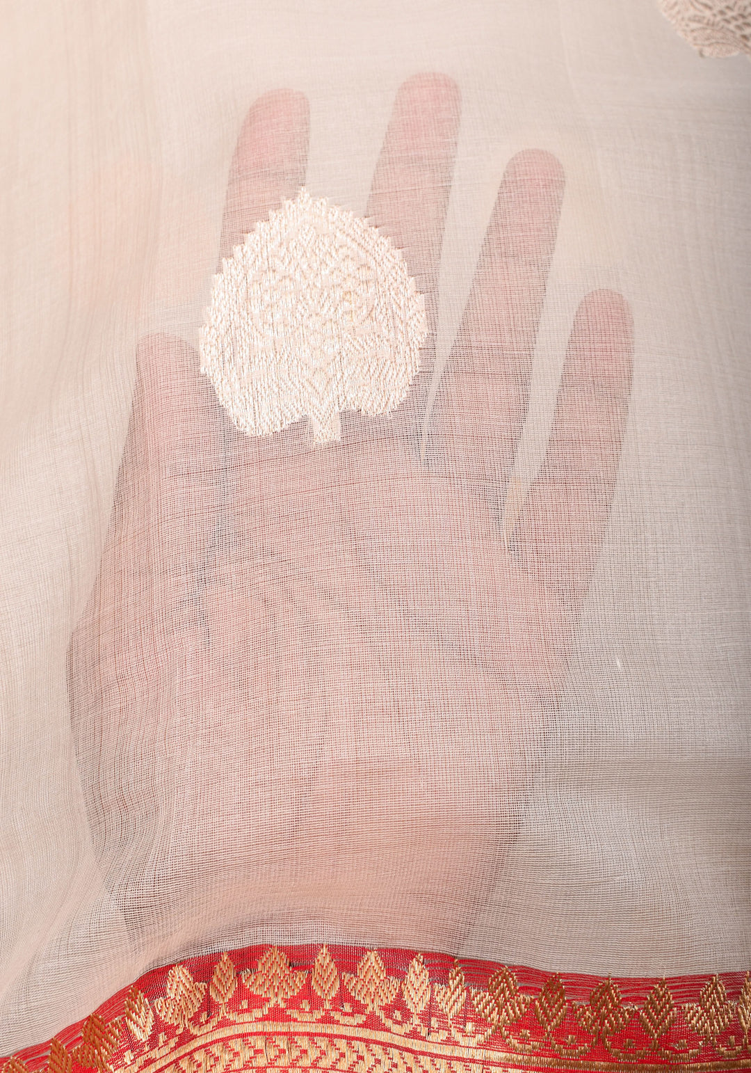 Ivory and Red Pure Organza Saree - Gorgeous Banarasi Kora Silk Saree with Sona Rupa Kadhuwa motifs | SILK MARK CERTIFIED