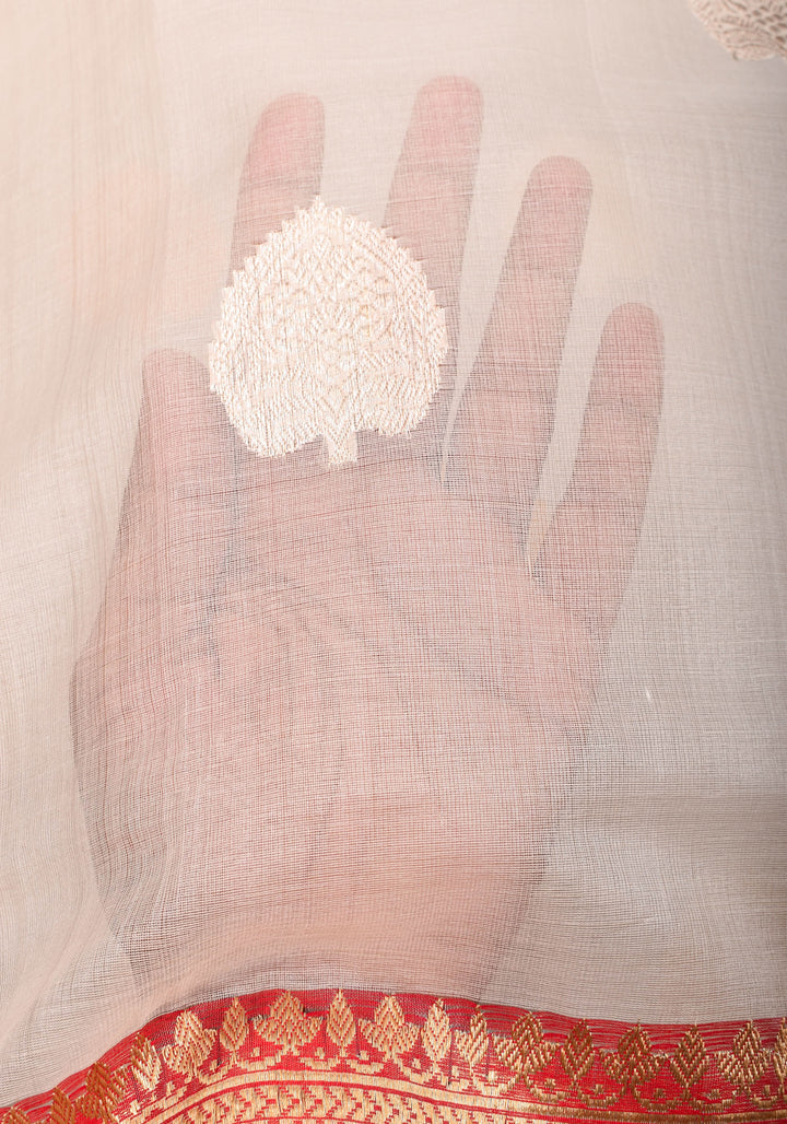 Ivory and Red Pure Organza Saree - Gorgeous Banarasi Kora Silk Saree with Sona Rupa Kadhuwa motifs | SILK MARK CERTIFIED