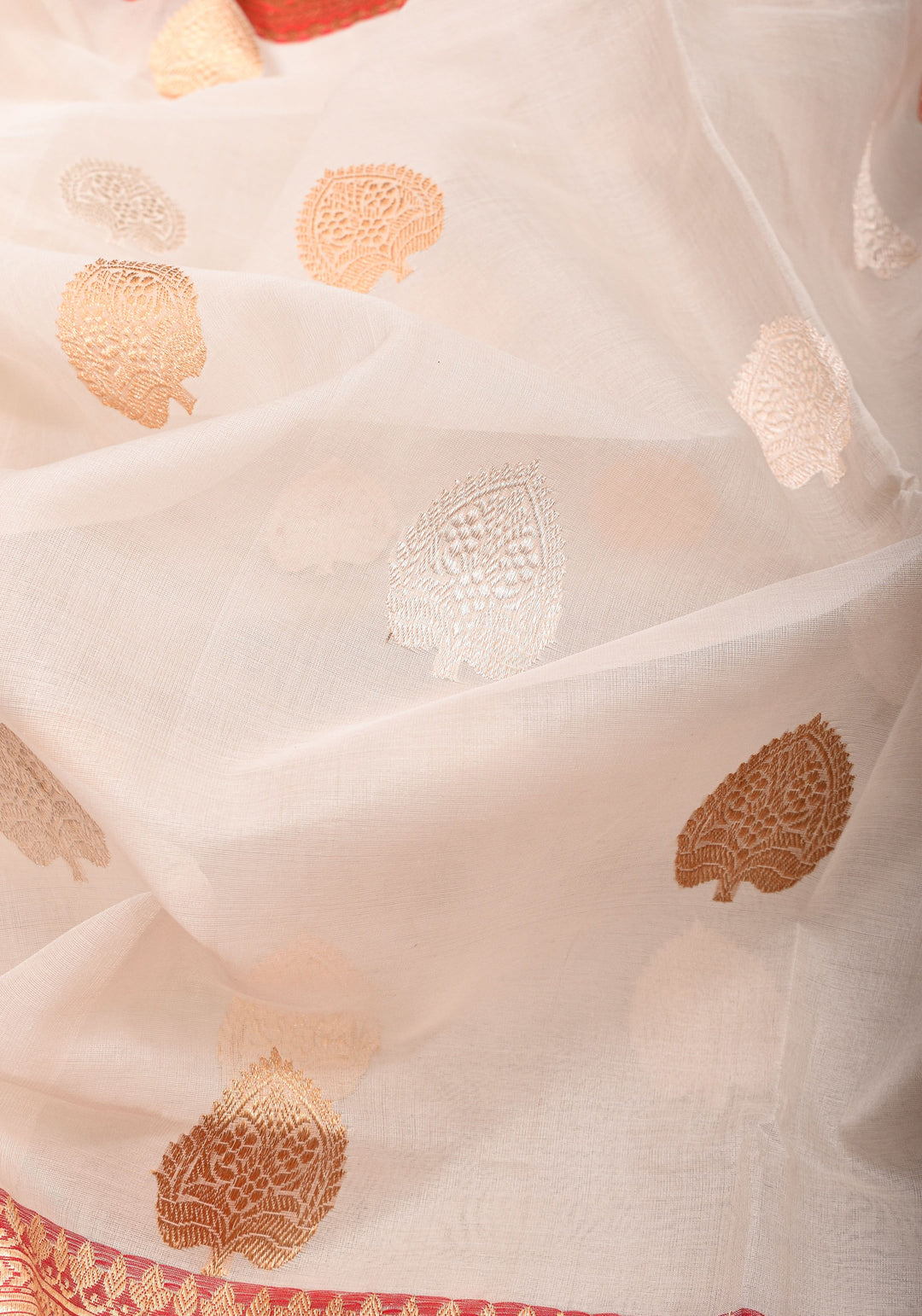 Ivory and Red Pure Organza Saree - Gorgeous Banarasi Kora Silk Saree with Sona Rupa Kadhuwa motifs | SILK MARK CERTIFIED