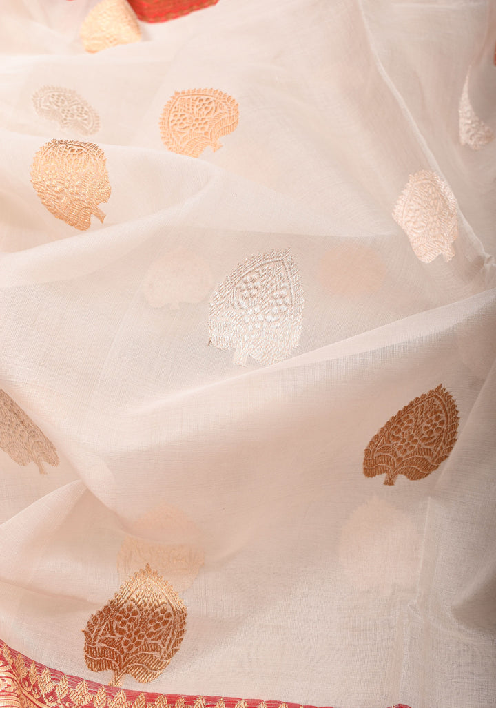 Ivory and Red Pure Organza Saree - Gorgeous Banarasi Kora Silk Saree with Sona Rupa Kadhuwa motifs | SILK MARK CERTIFIED