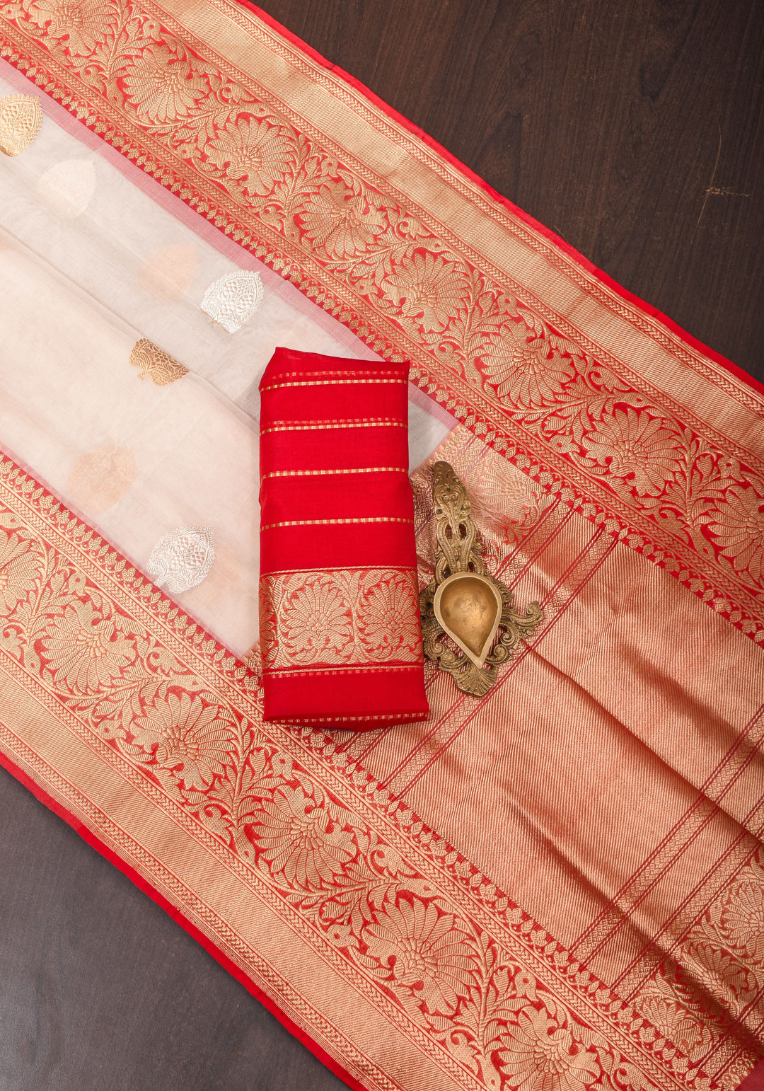 Ivory and Red Pure Organza Saree - Gorgeous Banarasi Kora Silk Saree with Sona Rupa Kadhuwa motifs | SILK MARK CERTIFIED