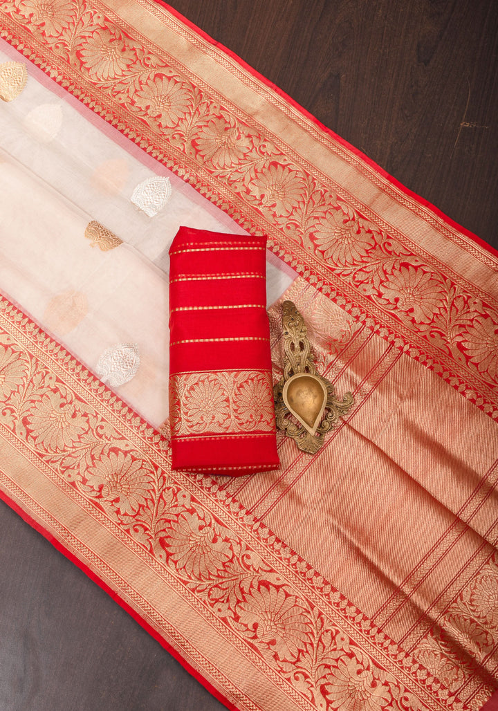 Ivory and Red Pure Organza Saree - Gorgeous Banarasi Kora Silk Saree with Sona Rupa Kadhuwa motifs | SILK MARK CERTIFIED