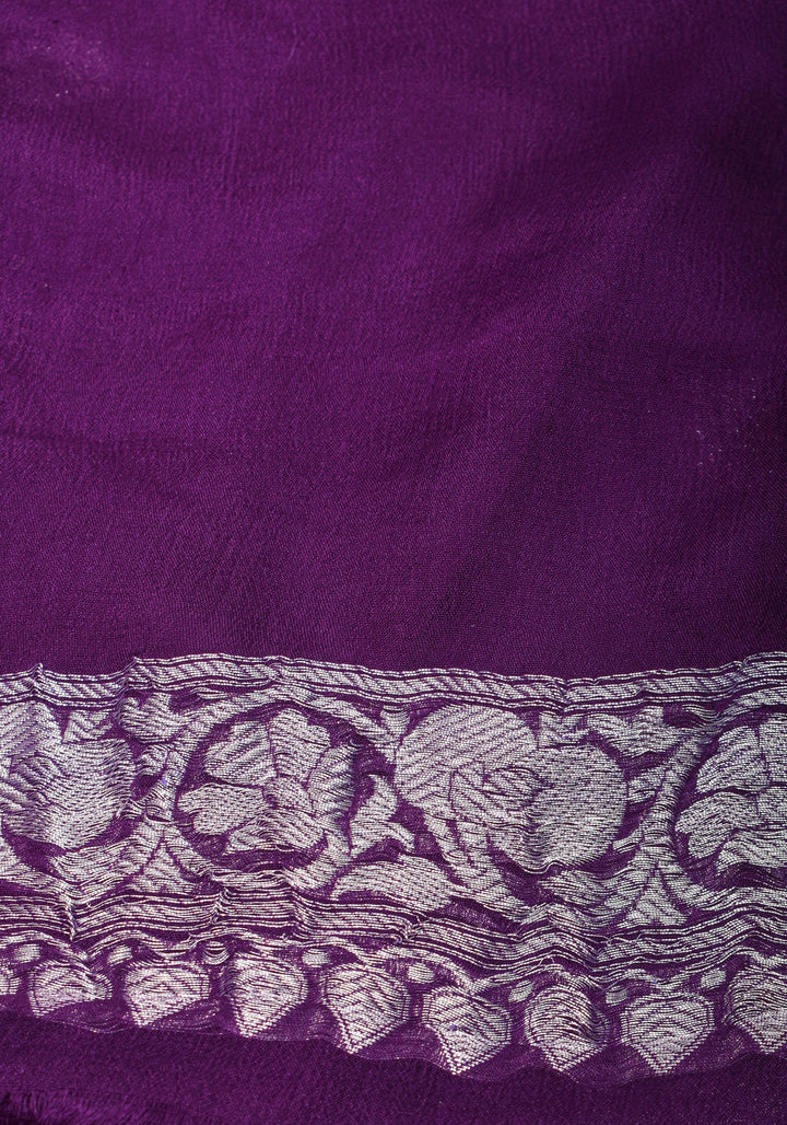 Plum Pure Silk Chiffon Saree with Zari Buttas and Elongated Paisley in Pallu | SILK MARK CERTIFIED
