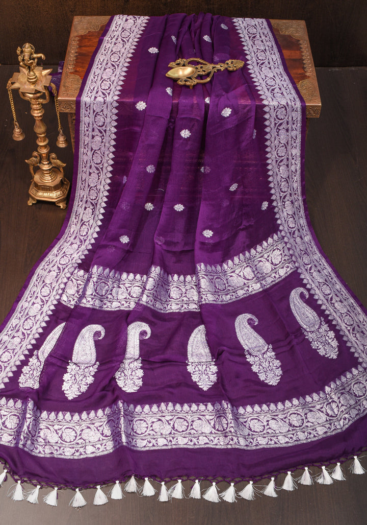 Plum Pure Silk Chiffon Saree with Zari Buttas and Elongated Paisley in Pallu | SILK MARK CERTIFIED