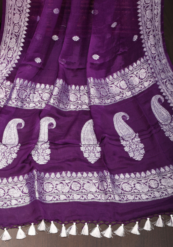Plum Pure Silk Chiffon Saree with Zari Buttas and Elongated Paisley in Pallu | SILK MARK CERTIFIED
